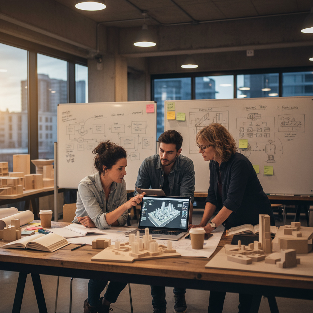 Architect reviewing plans and 3D model